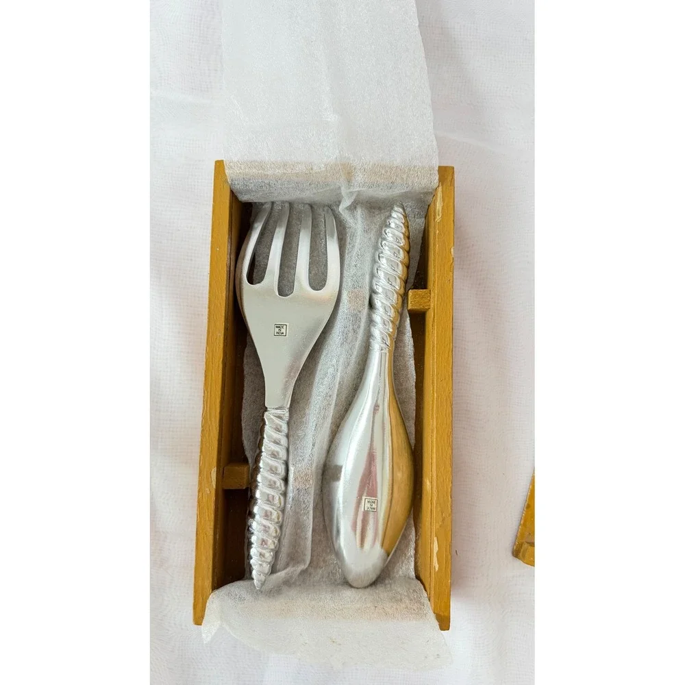 Vintage Silver Tone Salad Server Set Hand Painted Sunflower Wooden Box India